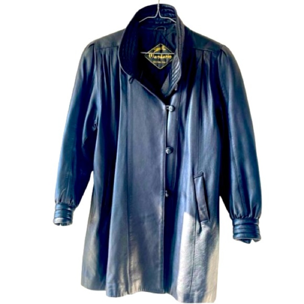 VINTAGE BLACK LEATHER ROUND NECK LEATHER 3/4 BUTTON UP LEATHER TRENCH SIZE 46